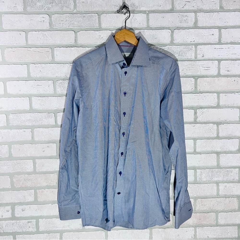 Eton of Sweden Contemporary Blue Checkered Long Sleeve Button Down Shirt Size 16 - Picture 2 of 8